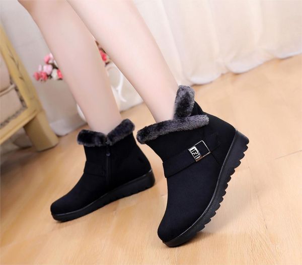 

warm snow boots women winter warm fur ladies buckle platform wedge fashion ankle boot female comfort casual shoes plus size st48, Black