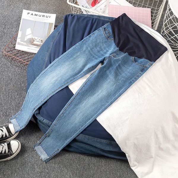 

619# autumn spring stretch denim maternity jeans adjustable belly pencil pants clothes for pregnant women pregnancy trousers, White
