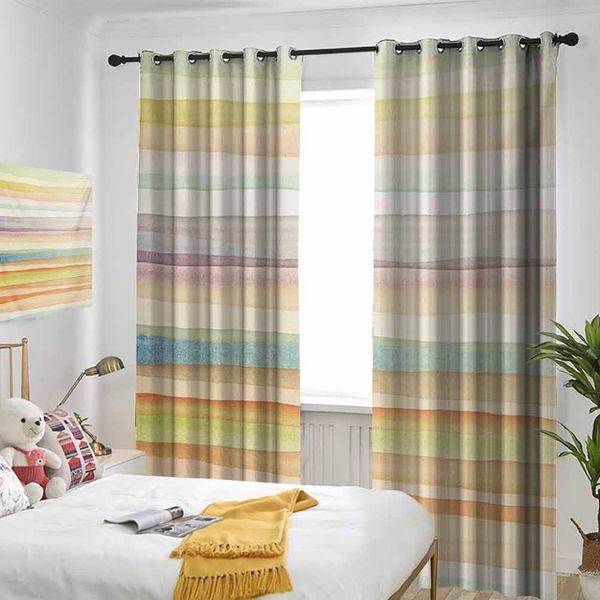 

thermal insulated room darkening window shade horizontal watercolors stripes acrylic artistic elements liquid brushstrokes print curtain