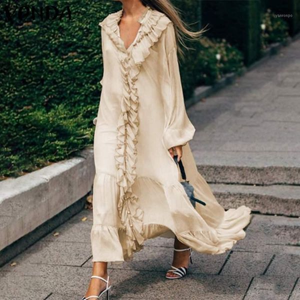 

autumn dress vonda casual solid color long sleeve v neck pleated dresses women summer ruffled long vestidos plus size sundress1, Black;gray