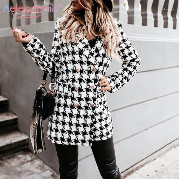 

aelegantmis casual loose houndstooth plaid plus size woolen coat women warm turn down collar jacket female double breasted coat1, Black