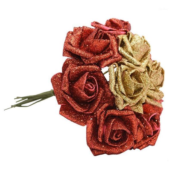 

10pcs 6cm glitter artificial flower branch foam rose wedding bridal bouquet decor birthday valentine's day gift fake flowers1