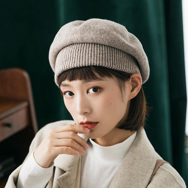 

berets winter wool beret for women autumn british korean style tweed bud hat warm painter, Blue;gray