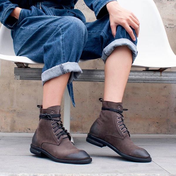 

kickway 2021 new ins woman genuine leather retro ankle boots lace up shoes woman short winter warm boots platform heels footwear, Black