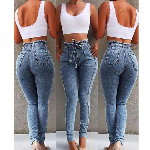

new women high waist jeans plus size woman slim stretch denim jean bodycon tassel belt bandage skinny push up jeans1, Blue