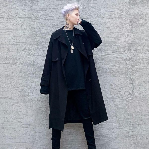 

men's trench coats male japan harajuku streetwear punk gothic vintage loose casual jacket outerwear men 3/4 long coat cloak overcoat, Tan;black
