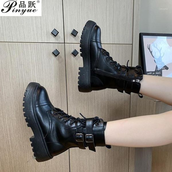 

fashion buckle chunky boots women casual lace up platform ankle boots woman waterproof pu leather punk botas mujer1, Black