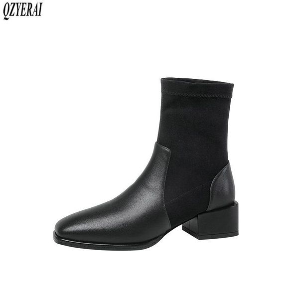 

qzyerai autumn winter new genuine leather women boots ankle fashion warm female boots cowhide short women shoes, Black