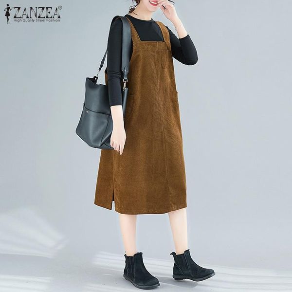 

casual dresses retro corduroy overalls dress women's sundress zanzea spring 2021 solid suspender midi vestidos female button robe 5xl, Black;gray