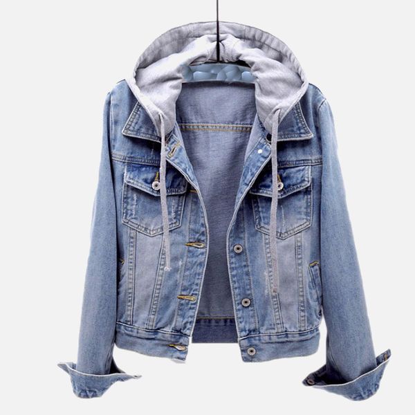 

women's hooded denim jacket coat long sleeve single breasted blue short jeans spring autumn loose casual hoodie outwear 201026, Black;brown