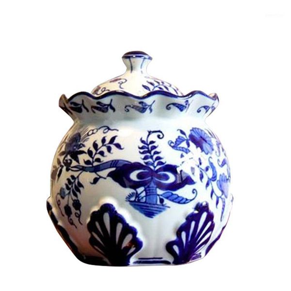 

jingdezhen ceramic chinese blue and white hand-painted petal shaped storage tank with cover for storing sealed porcelain can orn1