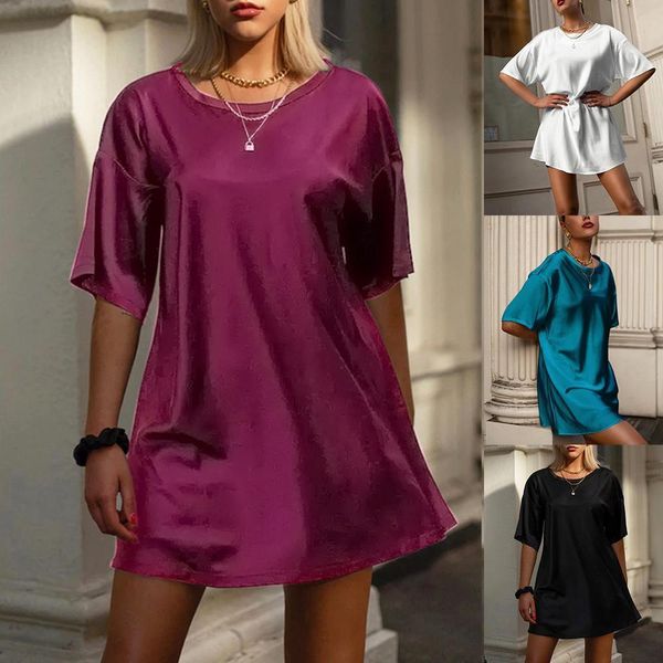 

2021 summer sale loose long tshirt women oversized silk short sleeve tee shirt women casual dress with straightleg andround neck, Black;gray