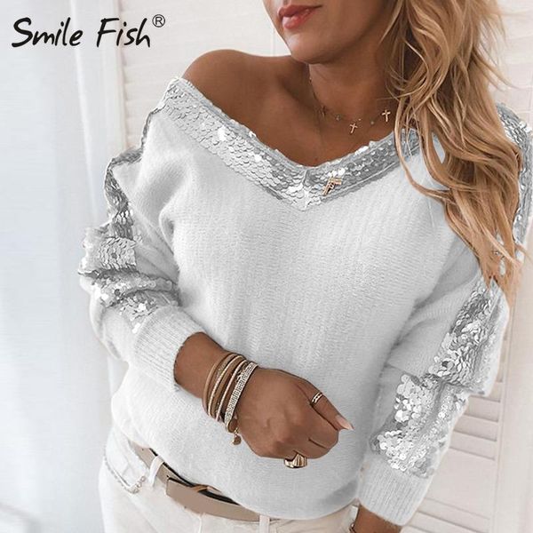 

winter clothes women autumn off shoulder pullovers long sleeve sweater ladies elegant solid sequin sweaters g2037, White;black