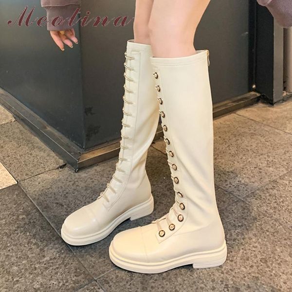 

boots meotina flat platform knee high natural genuine leather woman zipper long ladies shoes autumn winter beige 39, Black
