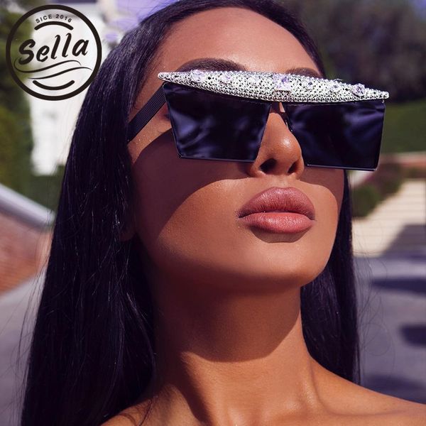 

sella new arrival trending fashion women oversized square sunglasses luxury crystal decoration mirror coat glasses eyewear, White;black