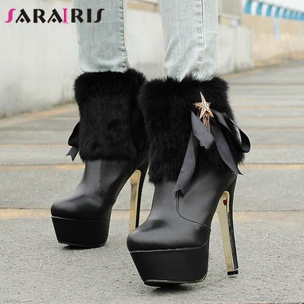 

boots sarairis autumn ladies ankle women platform round toe thin high heels metal decoration shoes woman, Black