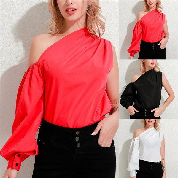 

2020 summer one off shoulder women and blouses long lantern sleeve solid color shirts casual elegant club blouse1, White