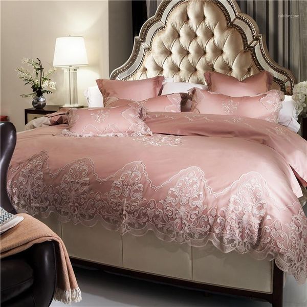 

egyptian cotton lace luxury royal bedding sets tribute siky embroidery bedclothes 4/6pcs  king bed sheet set duvet cover1