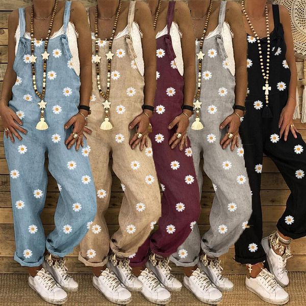 

women jumpsuits summer casual loose strappy romper floral print fashion jumpsuit daisy beach holiday overalls playsuit lady new, Black;white