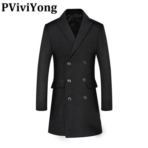 

pviviyong 2020 new arrival autumn&winter wool trench coat men, fashion double-breasted long coat jacket men 1721-3, Black