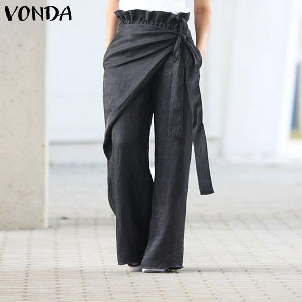 

vonda women wide leg pants 2020 spring summer female casual elastic waist pants women's trousers plus size bottom pantalon s-5xl1, Black;white