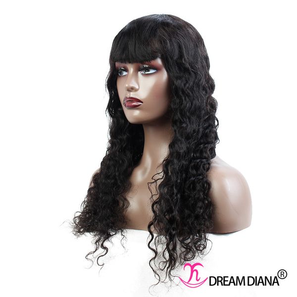 

indian human hair wigs with bangs wet and wevy water wave hair wigs natural color machine made no lace wigs quality with price, Black;brown