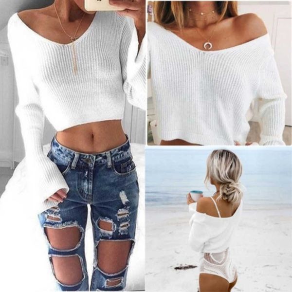 

women's white v-neck long sleeve knitting crop knitwear sweater solid sweaters women, Black;brown