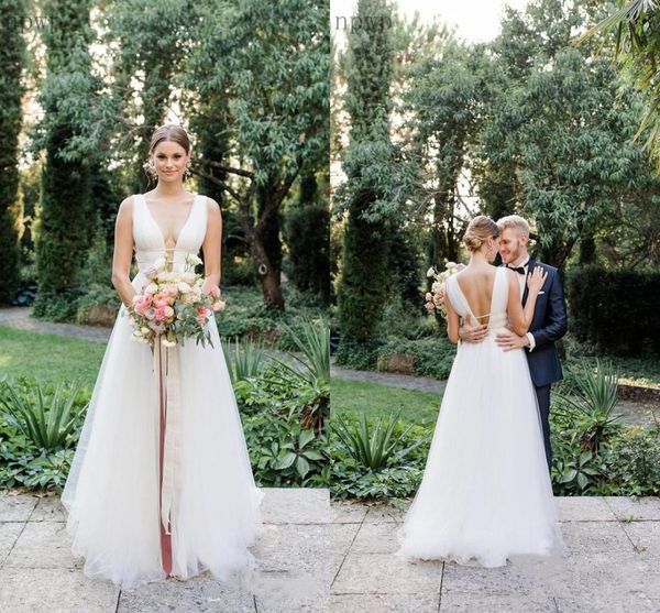 

country wedding dresses v neck backless floor length a line pleats beach garden bridal gowns robes de mariee plus size vestidos de novie v11, White