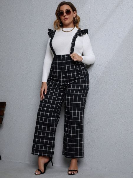 

plus grid print ruffle trim overall jumpsuit without tee f3q4#, Black