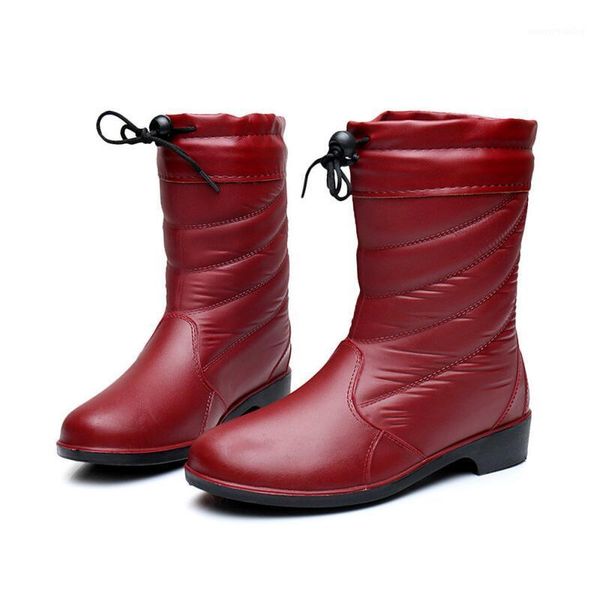 

thicken rain boots women's water rubber shoes mid calf car washing shoes galoshes non-slip with cotton pad red black1, Black