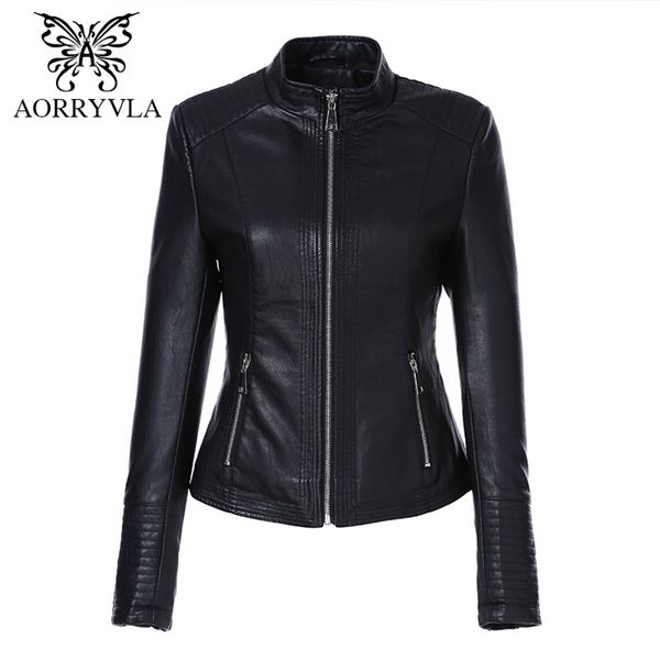 

aorryvla plus size women's leather jacket mandarin collar zipper black faux leather jacket slim style autumn female outwear 201226