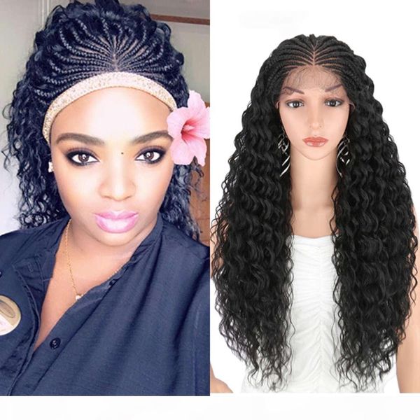 

kalyss 28 inches hand braided black synthetic lace front with baby hair curly wavy for cosplay wig women wigs, Black;brown