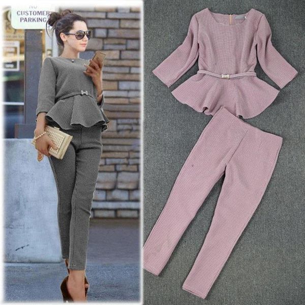 

new spring autumn fashion women's business pants suits houndstooth check pattern ruffles suits for women 2 pieces set, Gray
