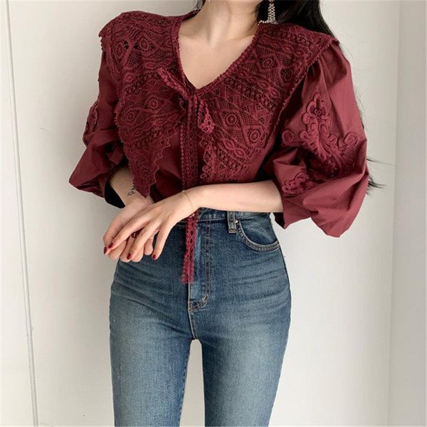 

управление леди вышивание 2020 lace-up puff-sleeved простых свежее высокая талия корея всего match chic сладких сыпучие рубашки, White