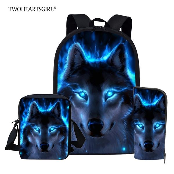 Twoheartsgirl azul lobo mochila de escola para meninos adolescentes meninas crianças saco de escola set estudante sacos de livro mochila escolar lj201029
