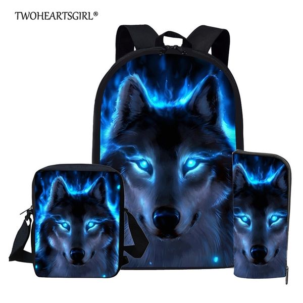 Twoheartsgirl Blue Wolf School Zaino per adolescenti Ragazzi Ragazze Sacchetto di scuola per bambini Set Student Book Borse Mochila Escolar LJ201029