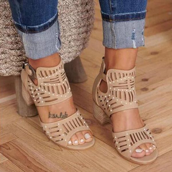 

2021 new women large heels cut out zipper buckle strap square mid casual high heel ladies plus size fashion summer pumps 81o3, Black