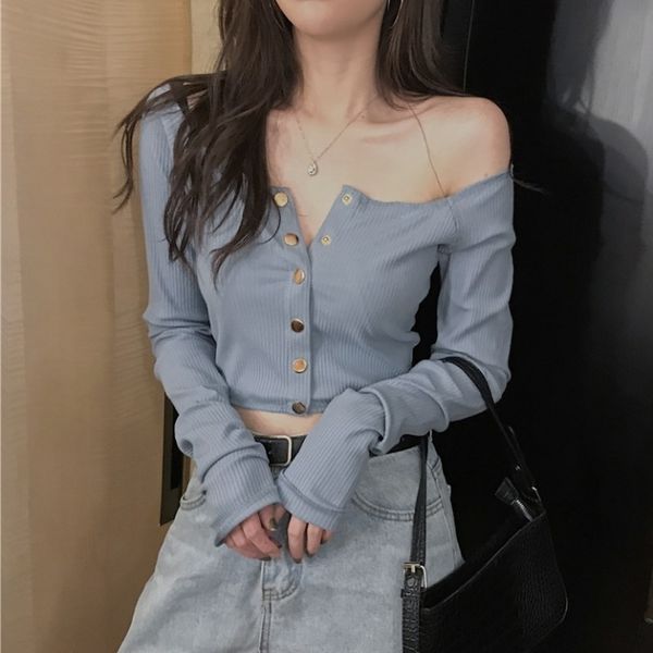 

gucdj early autumn new korean style high waist short navel online red women t-shirt shoulder coat long sleeve t-shirt for su, White