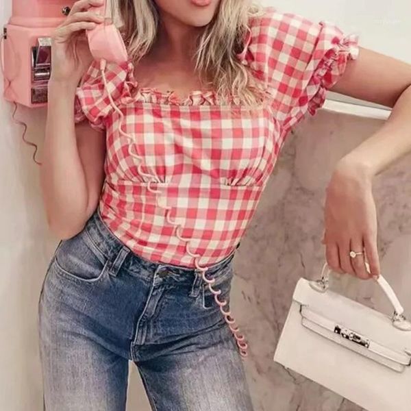 

summer elegant women shirt fashion 2019 shirt retro plaid short french square pleated blouse womens and blouses1, White