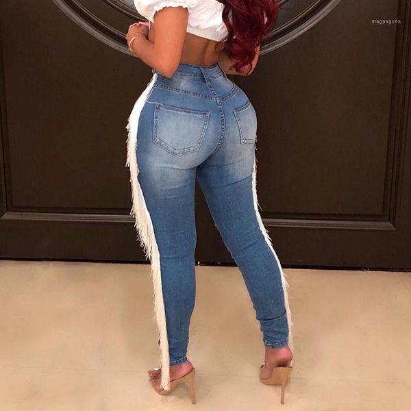 

fashion women high waist hole tassel button zipper pocket denim jeans woman plus size pants pantalones vaqueros mujer#y21, Blue