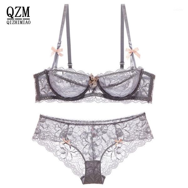 

qizhimiao thin transparent lace bra set underwear women perspectivity plus size bras and panties lingerie set bra brief1, Red;black