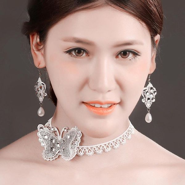 

fashion lace butterfly choker crystal rhinestone pearl earring jewelry set, Silver