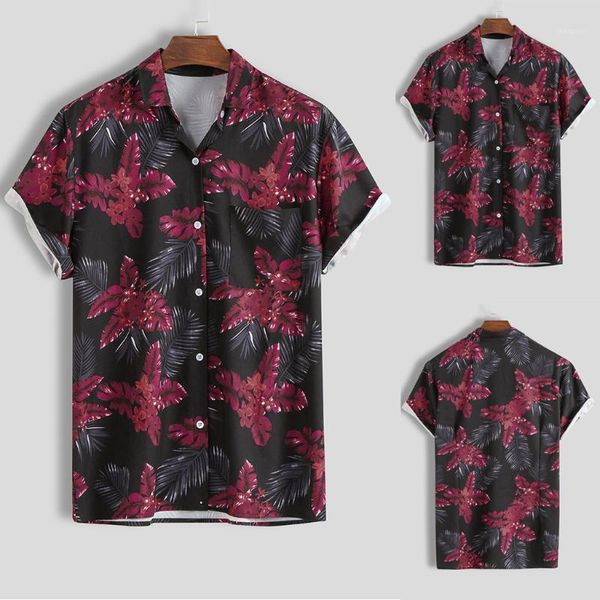 

men's floral print shirts casual button shirt fashion mens multi color lump chest pocket short sleeve round hem loose shirts#g301, White;black