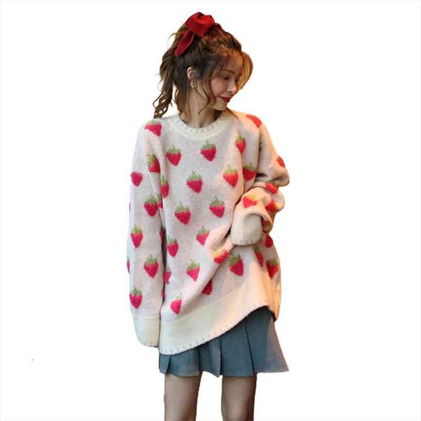 

sweaters for women fashion loose sweet lazy retro japanese o-neck strawberry print long sleeve sweater pullover autumn, White;black