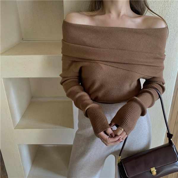 

women's sweaters slash neck knitting women sweater pullovers solid long-sleeved elastic vintage female pulls outwear, White;black
