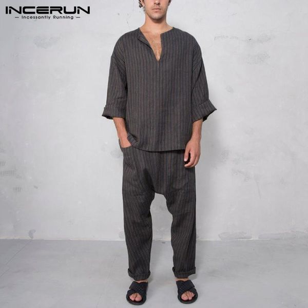

men's tracksuits incerun streetwear hombre suits leisure striped men sets long sleeve v neck elastic pockets pants 2 pieces loose cozy, Gray