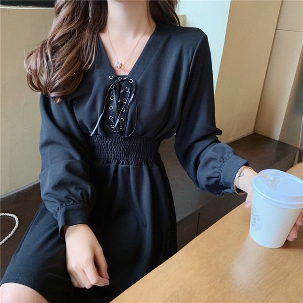 

french with high waist and long sleeves palace style v-collar autumn small dress black dress hepburn style ecsxz, Black;gray