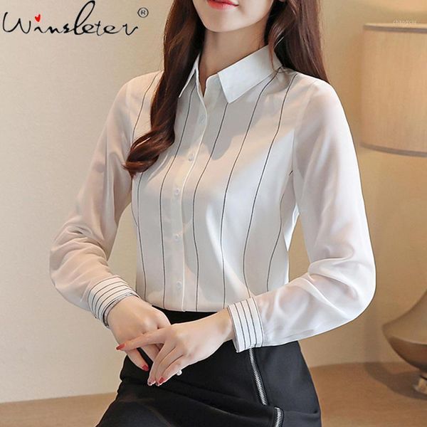 

striped woman chiffon shirts 2020 autumn long sleeve turn-down collar women blouses korean style single-breasted t07807k1, White