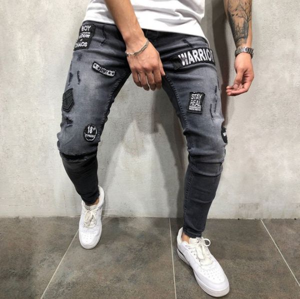 

designer men streetwear hip hop ripped biker jeans destroyed frayed men motorcycle joggers skinny denim pants, Blue
