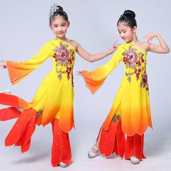 

chinese folk costume children yangko dancing clothing fan dance costume traditional national classic dancer wear1, Black;red